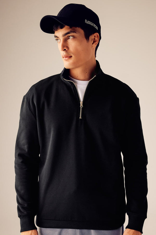 Comfort Regular Fit Casual Mold Zippered Stand Collar Basic Plain Sweatshirt