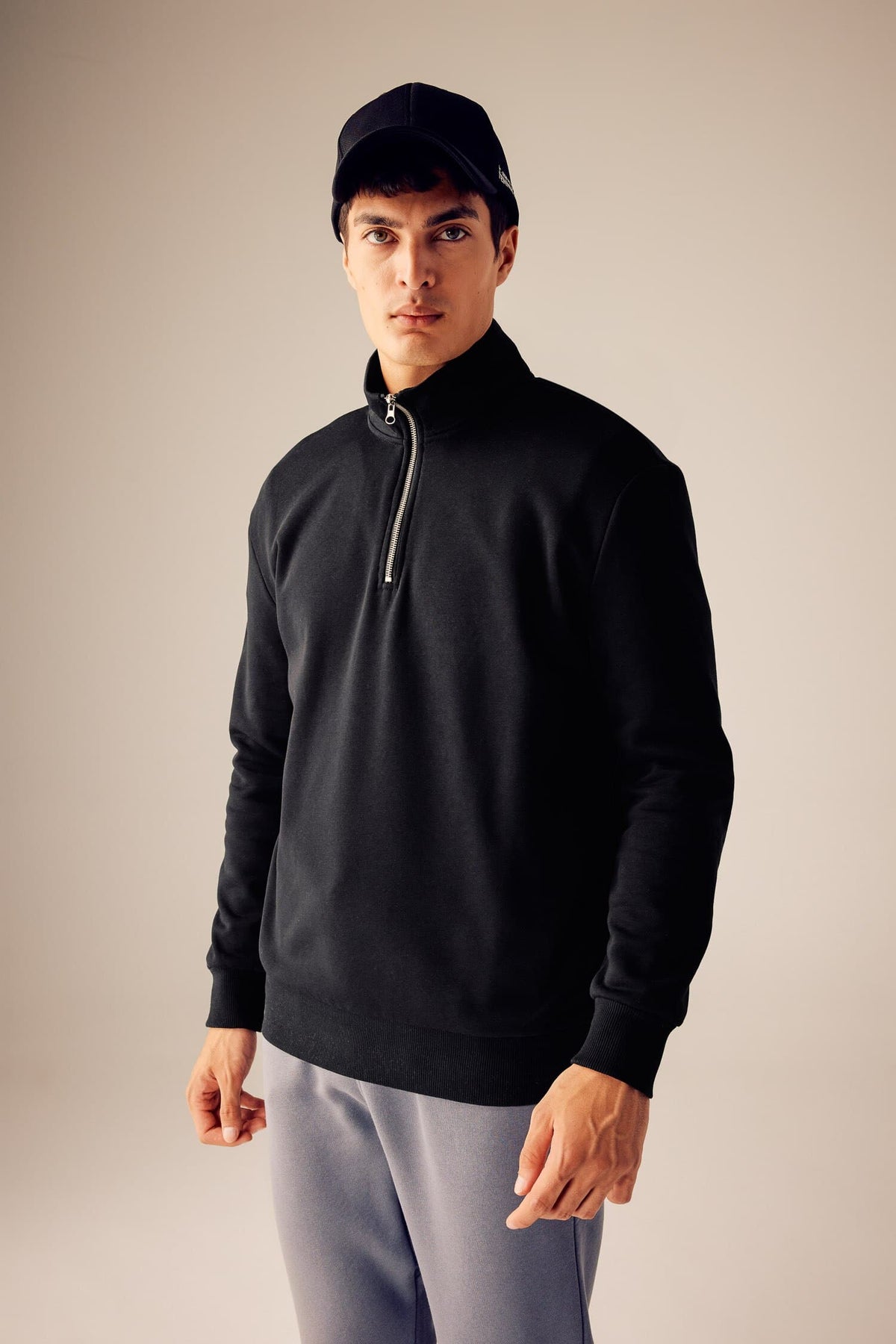 Comfort Regular Fit Casual Mold Zippered Stand Collar Basic Plain Sweatshirt