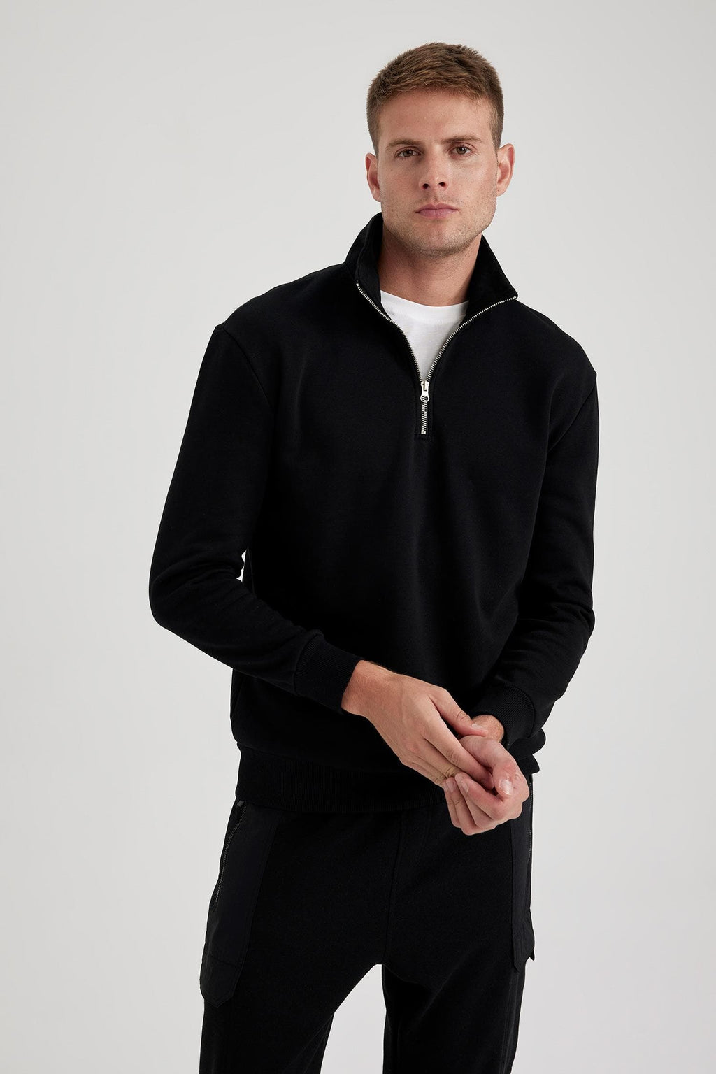 Comfort Regular Fit Casual Mold Zippered Stand Collar Basic Plain Sweatshirt