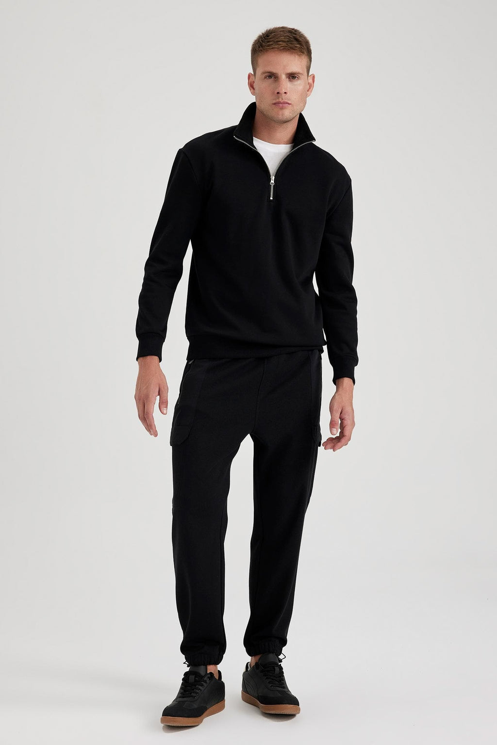Comfort Regular Fit Casual Mold Zippered Stand Collar Basic Plain Sweatshirt
