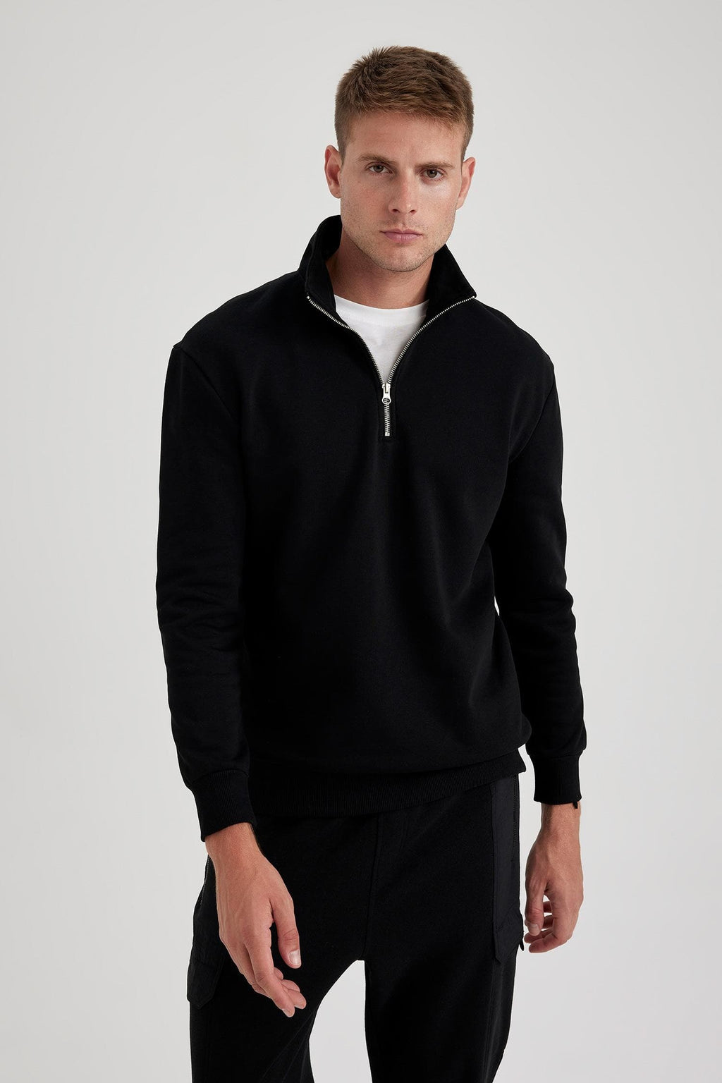 Comfort Regular Fit Casual Mold Zippered Stand Collar Basic Plain Sweatshirt