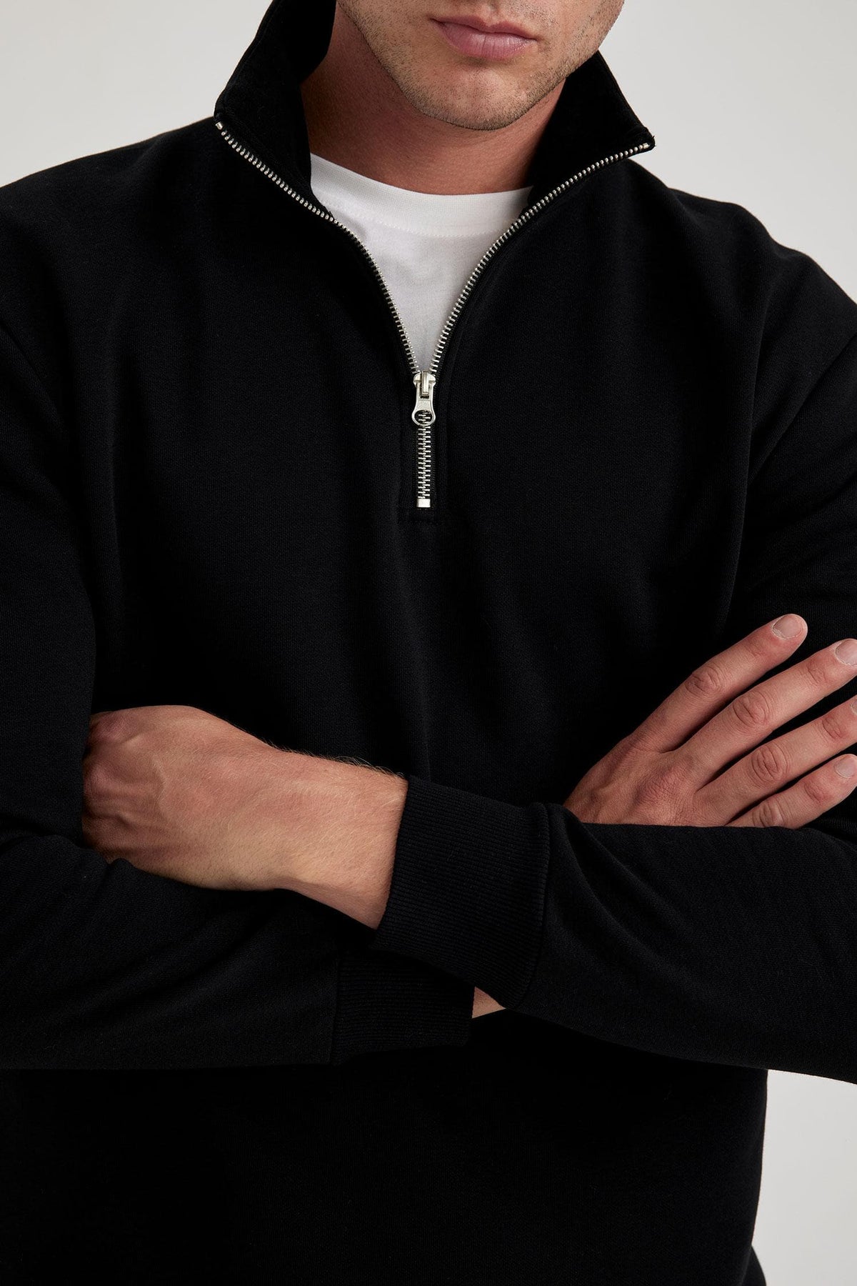 Comfort Regular Fit Casual Mold Zippered Stand Collar Basic Plain Sweatshirt