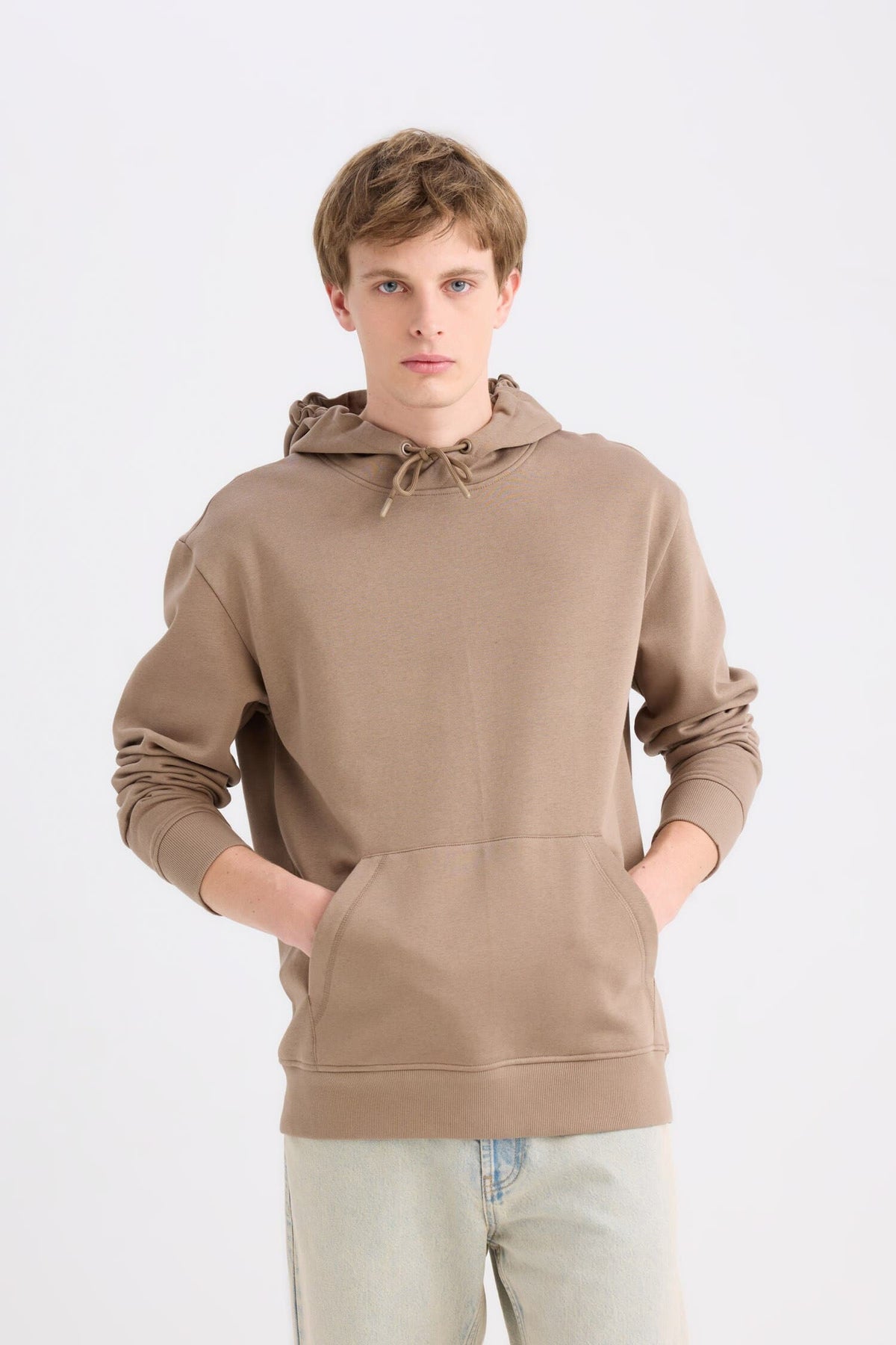 Regular Fit Hooded Kangaroo Pocket Soft Furry Basic Plain Sweatshirt