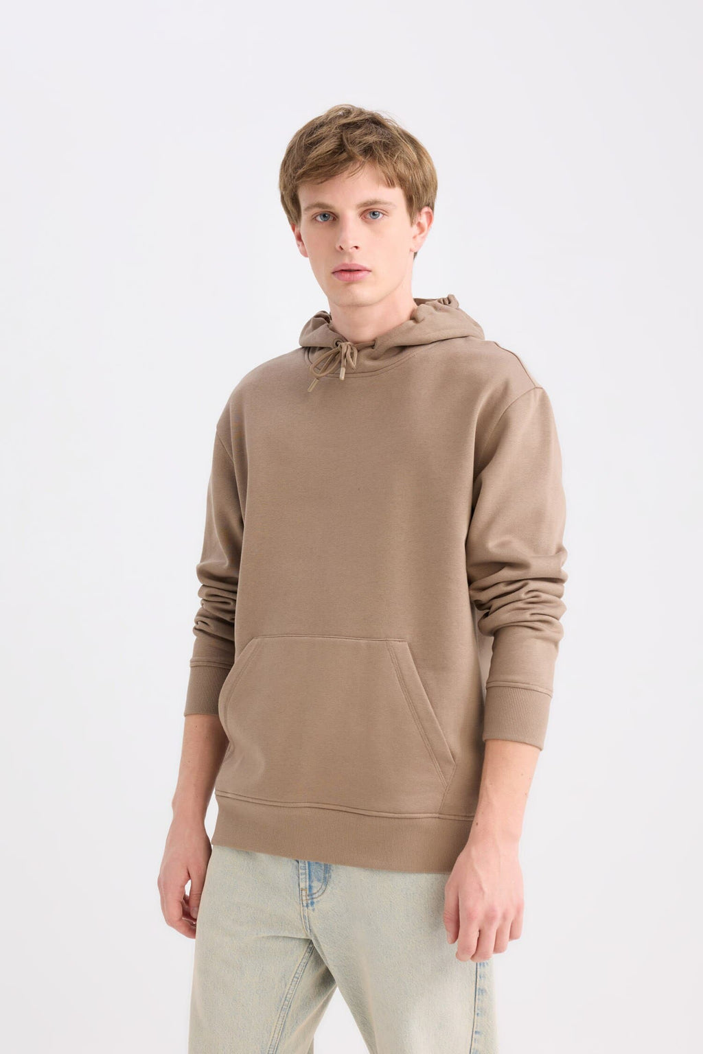 Regular Fit Hooded Kangaroo Pocket Soft Furry Basic Plain Sweatshirt