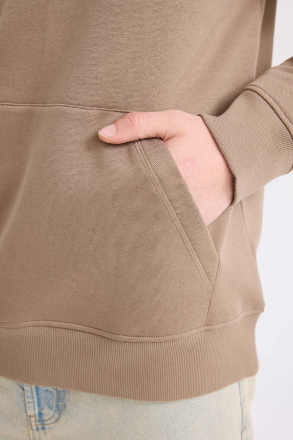 Regular Fit Hooded Kangaroo Pocket Soft Furry Basic Plain Sweatshirt
