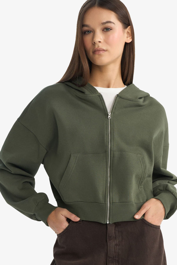 Cool Cropped Fit Hooded Thick Zippered Sweatshirt