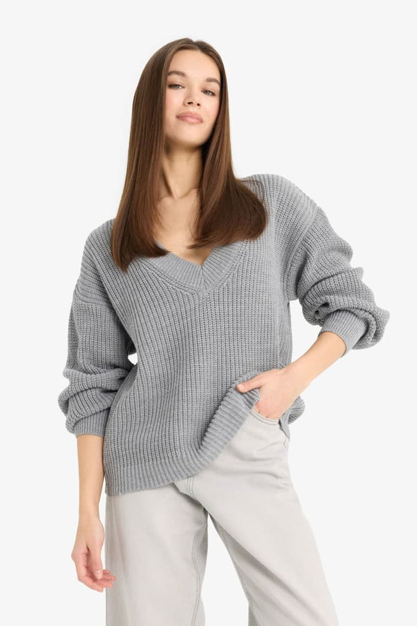 Oversize Wide Pattern V Neck Knitwear Sweater